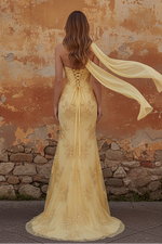 Mermaid Yellow Strapless Corset Long Prom Dress with a Neck Scarf