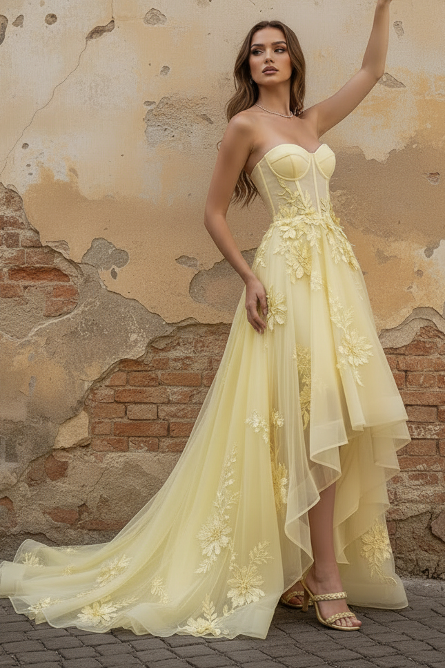 Yellow Strapless A Line Tulle Corset High-Low Prom Dress with Floral Embroidery