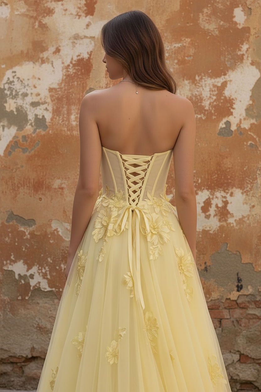 Yellow Strapless A Line Tulle Corset High-Low Prom Dress with Floral Embroidery