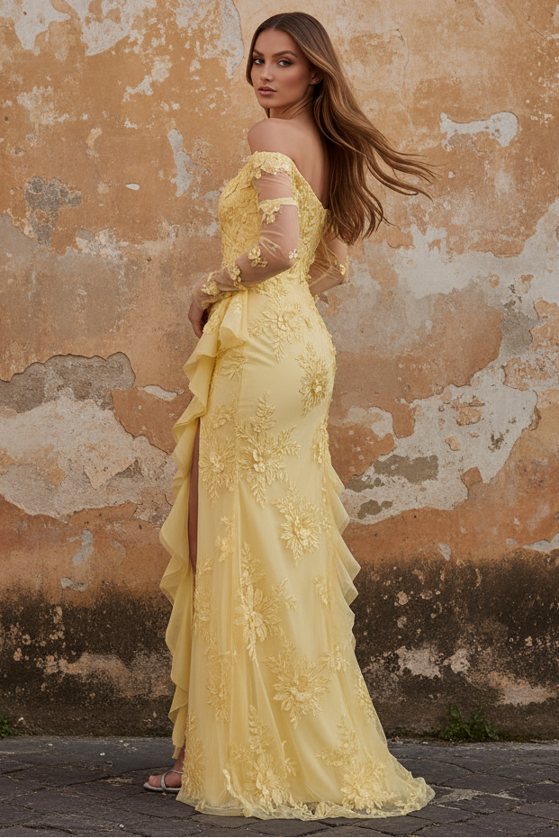 Yellow Sheath Off the Shoulder Floral Embroidery Tulle Long Prom Dress with Ruffled Slit