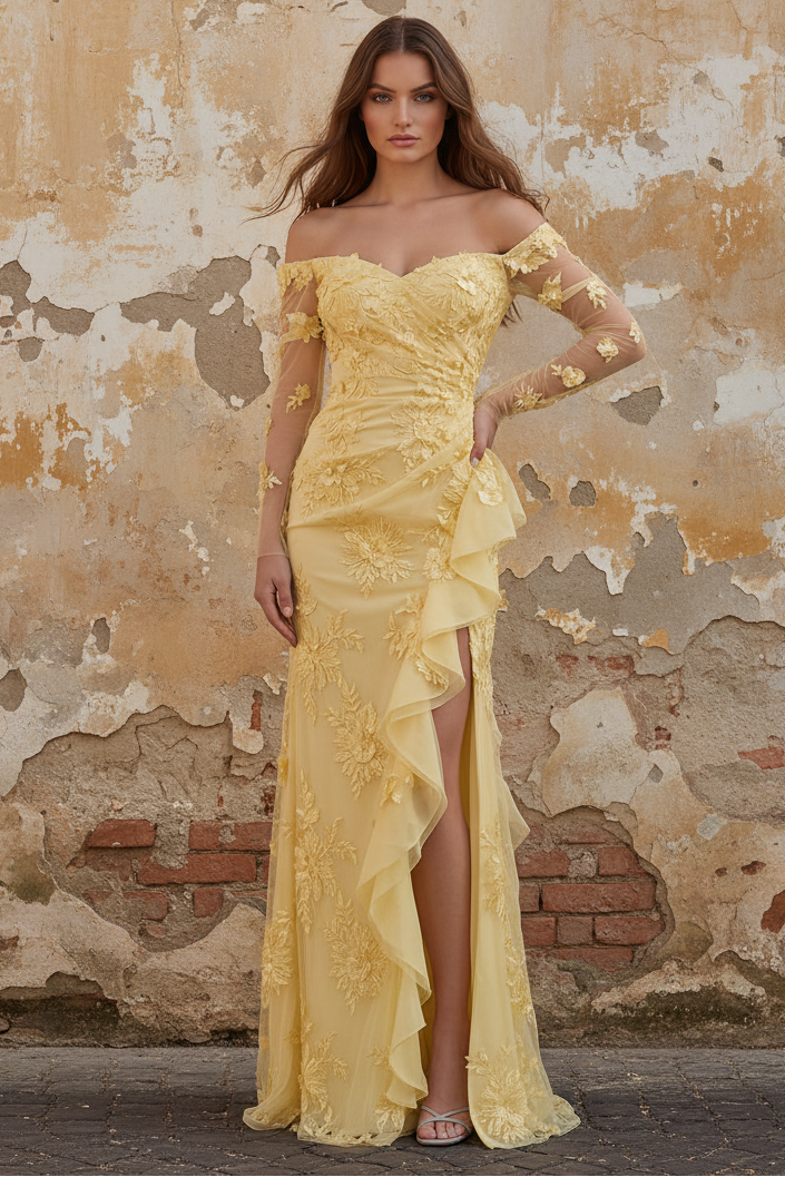 Yellow Sheath Off the Shoulder Floral Embroidery Tulle Long Prom Dress with Ruffled Slit
