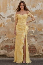 Yellow Sheath Off the Shoulder Floral Embroidery Tulle Long Prom Dress with Ruffled Slit