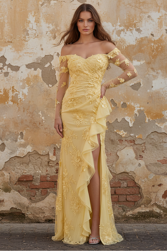 Yellow Sheath Off the Shoulder Floral Embroidery Tulle Long Prom Dress with Ruffled Slit