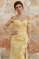 Yellow Sheath Off the Shoulder Floral Embroidery Tulle Long Prom Dress with Ruffled Slit