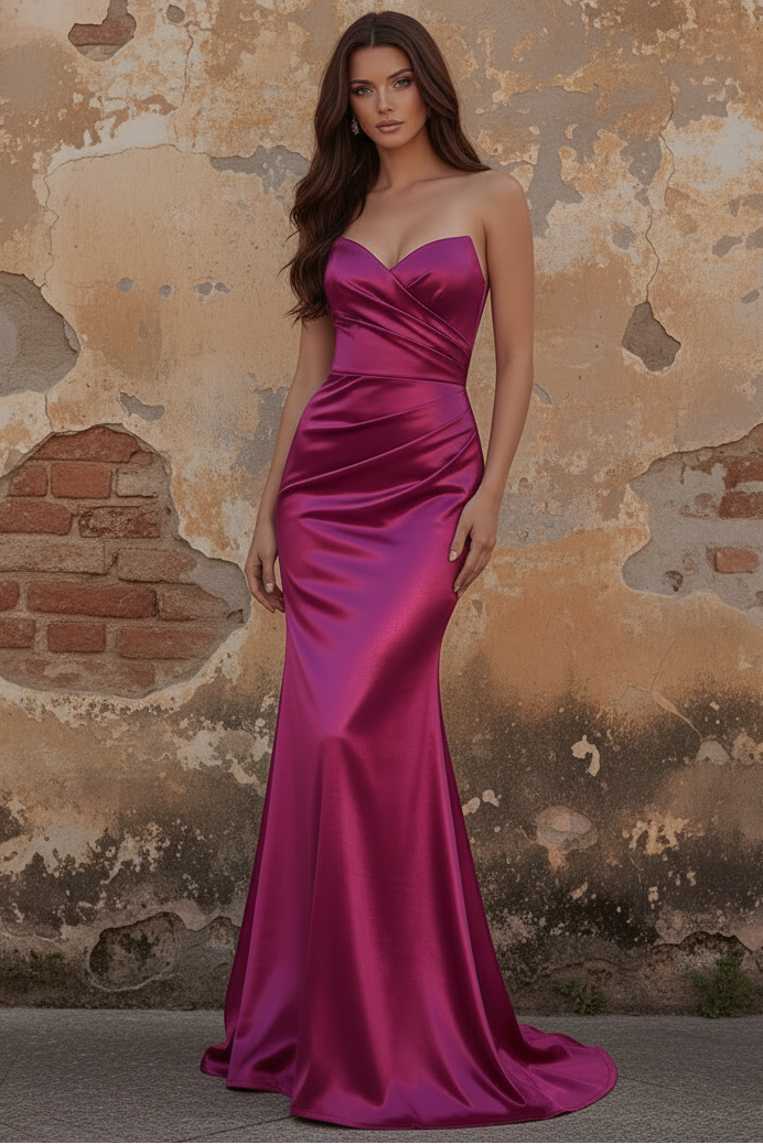 Strapless Burgundy Satin Mermaid Long Prom Dress