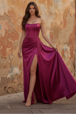 Strapless Burgundy Mermaid Corset Long Satin Prom Dress with Slit