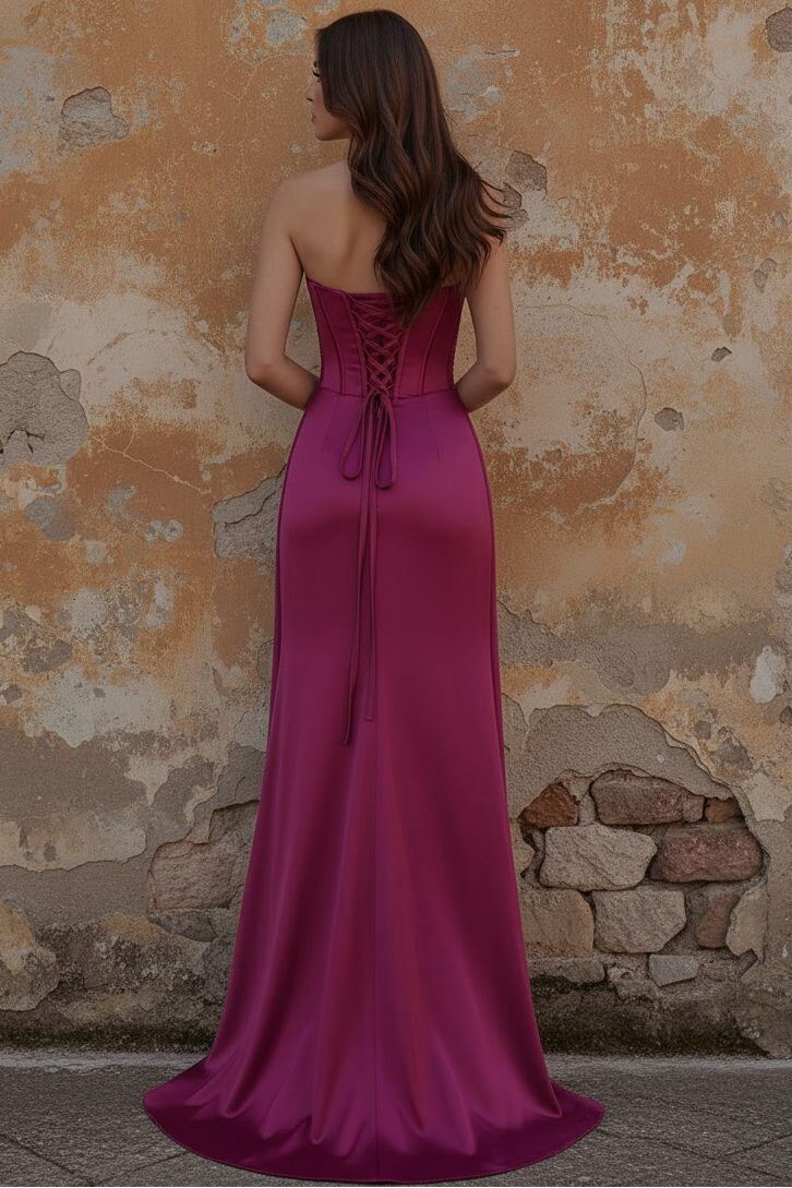 Strapless Burgundy Mermaid Corset Long Satin Prom Dress with Slit