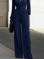Draped V-Neck Long-Sleeve Wide-Leg Jumpsuit
