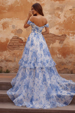 White Blue Flower Off the Shoulder A Line Long Prom Dress with Ruffles