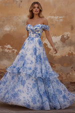 White Blue Flower Off the Shoulder A Line Long Prom Dress with Ruffles
