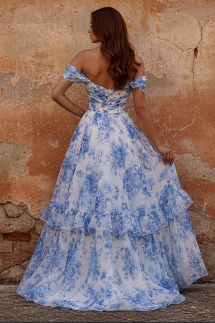 White Blue Flower Off the Shoulder A Line Long Prom Dress with Ruffles