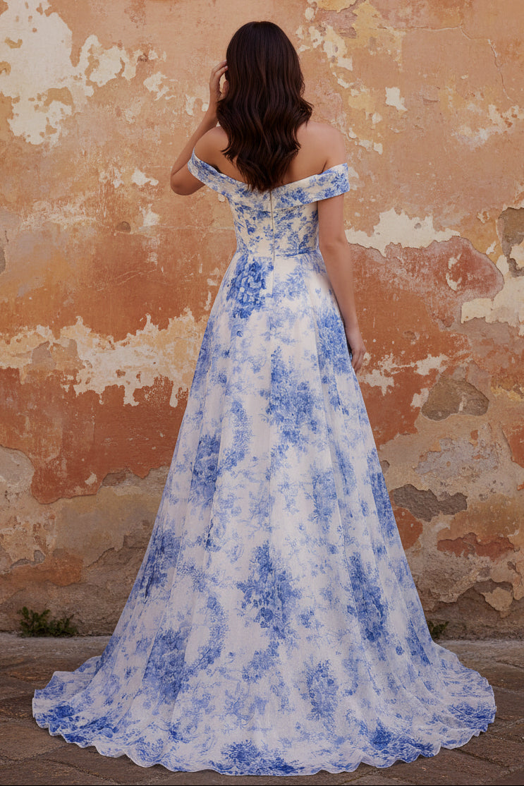 White Blue Flower Long Off the Shoulder A Line Prom Dress