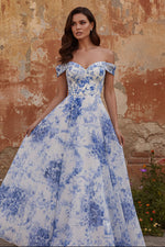 White Blue Flower Long Off the Shoulder A Line Prom Dress