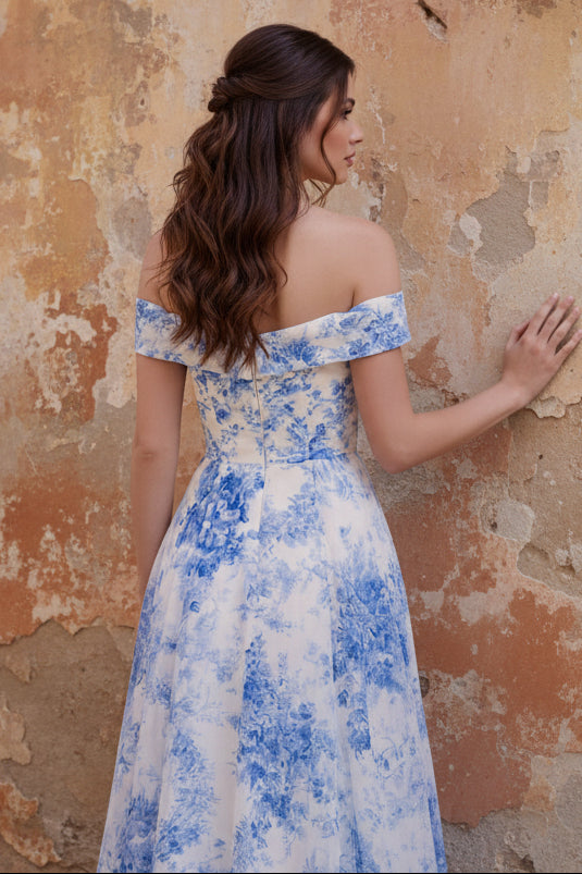 White Blue Flower Long Off the Shoulder A Line Prom Dress