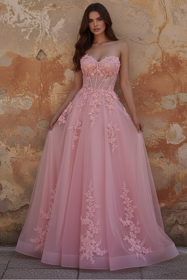 Sweetheart Pink Corset A-Line Long Prom Dress with Appliques