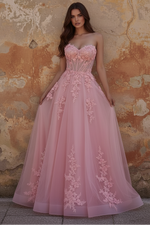 Sweetheart Pink Corset A-Line Long Prom Dress with Appliques