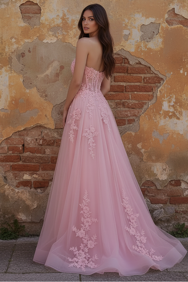 Sweetheart Pink Corset A-Line Long Prom Dress with Appliques
