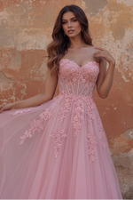 Sweetheart Pink Corset A-Line Long Prom Dress with Appliques