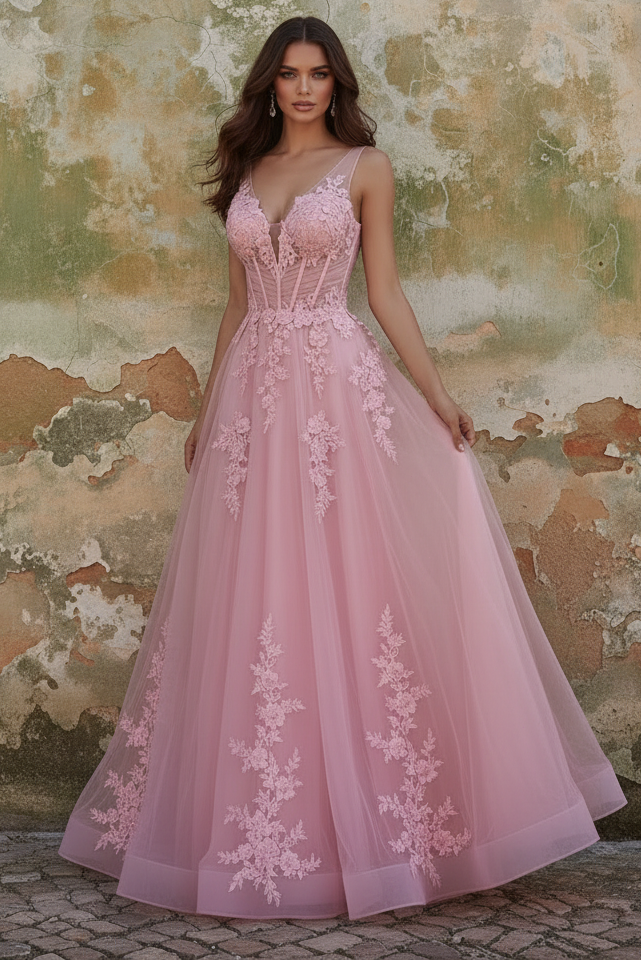 Pink A-Line V-Neck Corset Long Tulle Prom Dress