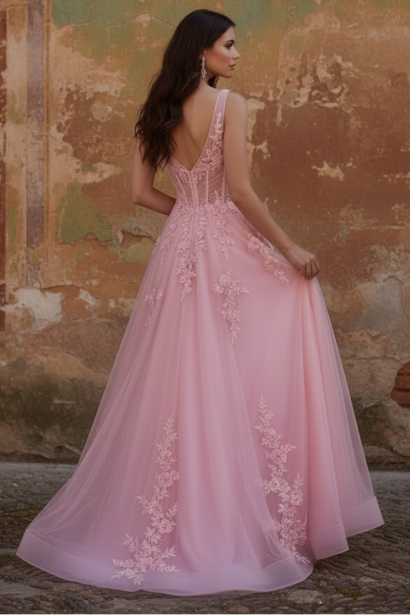 Pink A-Line V-Neck Corset Long Tulle Prom Dress