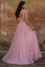 Pink A-Line V-Neck Corset Long Tulle Prom Dress
