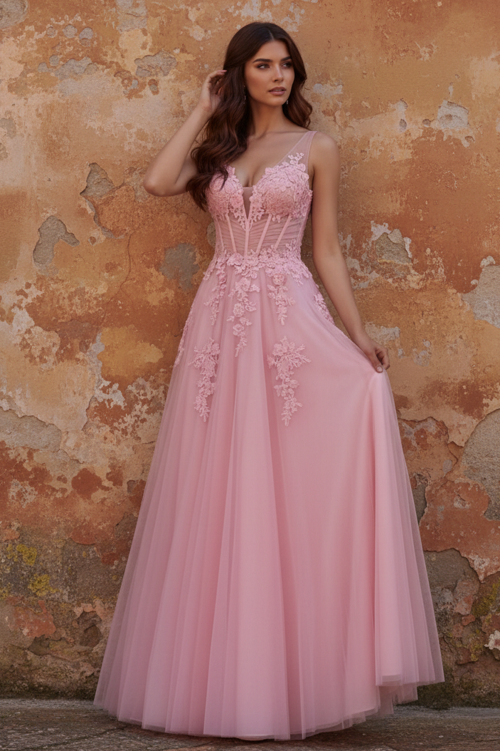 Pink A-Line V-Neck Corset Long Tulle Prom Dress