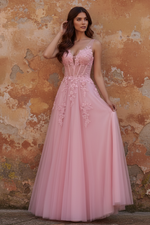Pink A-Line V-Neck Corset Long Tulle Prom Dress