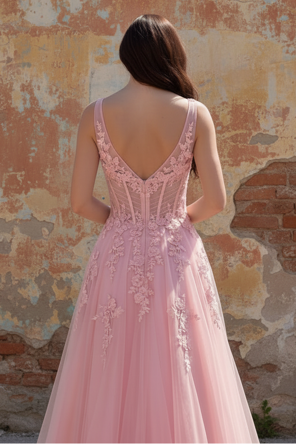 Pink A-Line V-Neck Corset Long Tulle Prom Dress