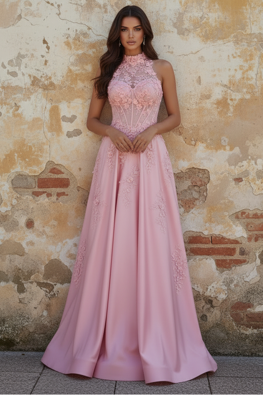 Halter Pink Corset A-Line Open Back Long Prom Dress with Bow