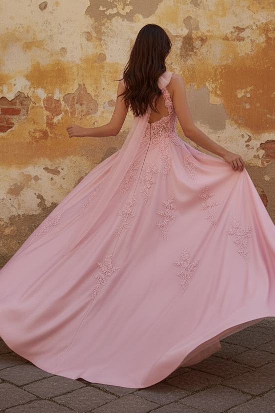 Halter Pink Corset A-Line Open Back Long Prom Dress with Bow