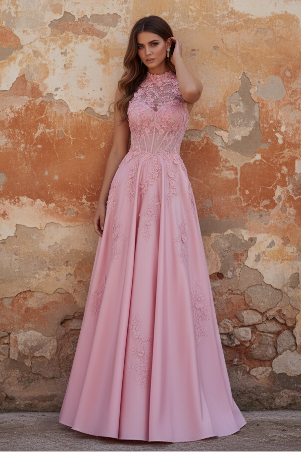 Halter Pink Corset A-Line Open Back Long Prom Dress with Bow