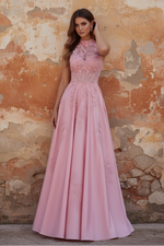 Halter Pink Corset A-Line Open Back Long Prom Dress with Bow
