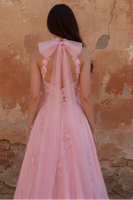 Halter Pink Corset A-Line Open Back Long Prom Dress with Bow