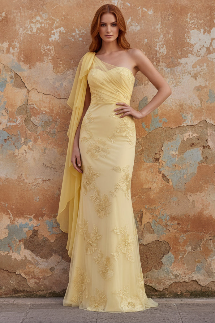 One Shoulder Mermaid Floral Embroidered Long Prom Dress with Sash