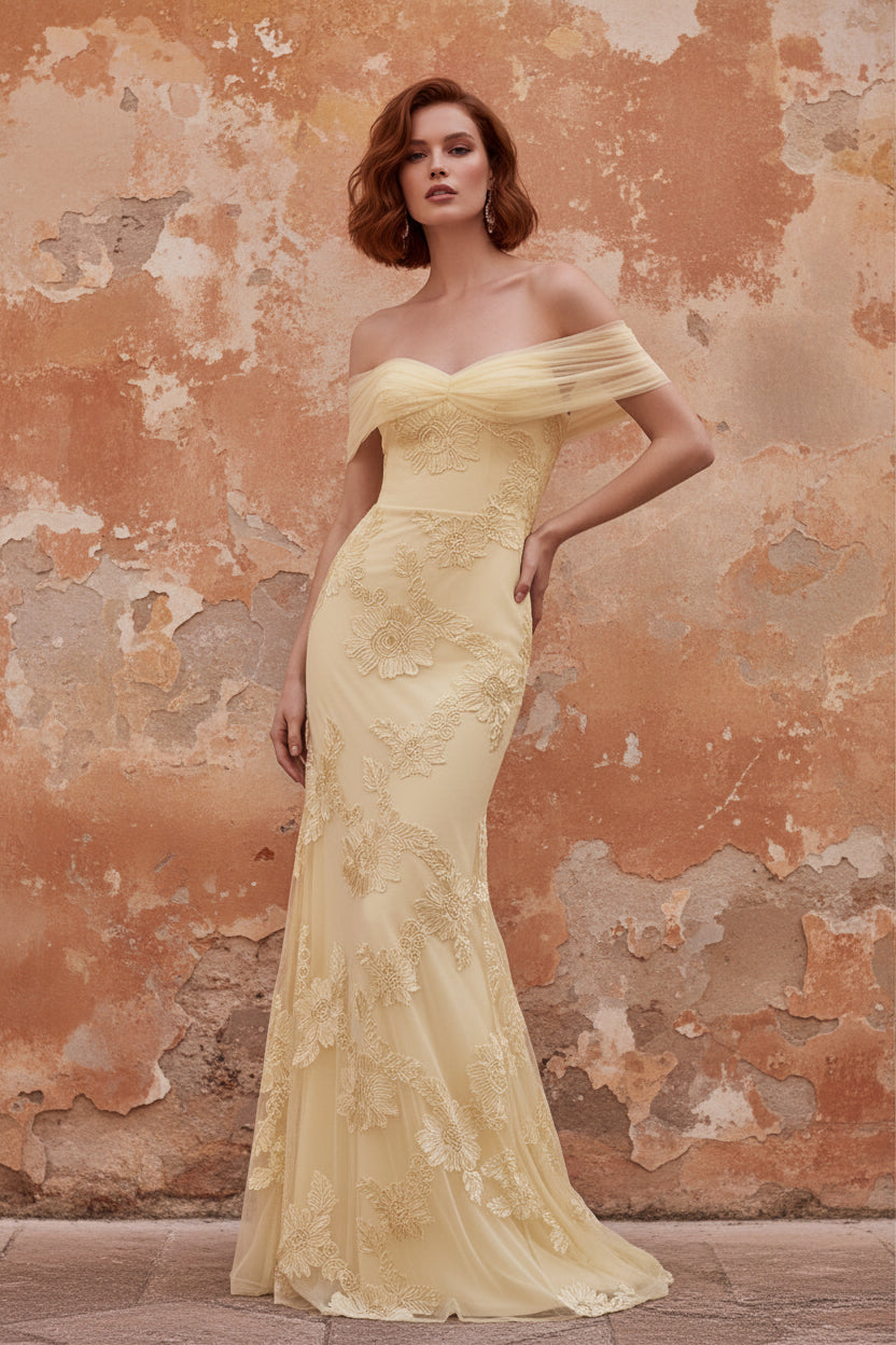Yellow Mermaid Off the Shoulder Long Prom Dress with Floral Embroidery