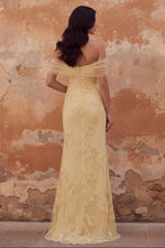 Yellow Mermaid Off the Shoulder Long Prom Dress with Floral Embroidery
