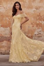 Yellow Mermaid Off the Shoulder Long Prom Dress with Floral Embroidery