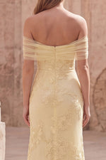 Yellow Mermaid Off the Shoulder Long Prom Dress with Floral Embroidery