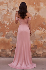 Pink A-Line Off the Shoulder Ruched Satin Long Prom Dress with Slit