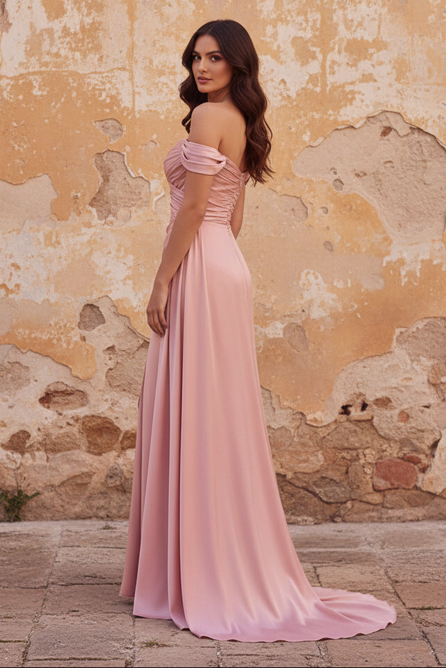 Pink A-Line Off the Shoulder Ruched Satin Long Prom Dress with Slit