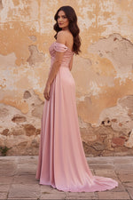 Pink A-Line Off the Shoulder Ruched Satin Long Prom Dress with Slit