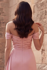 Pink A-Line Off the Shoulder Ruched Satin Long Prom Dress with Slit