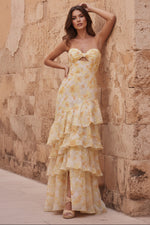 Yellow Flower Mermaid Sweetheart Hollow Ruffled Tiered Long Prom Dress