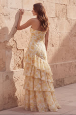 Yellow Flower Mermaid Sweetheart Hollow Ruffled Tiered Long Prom Dress