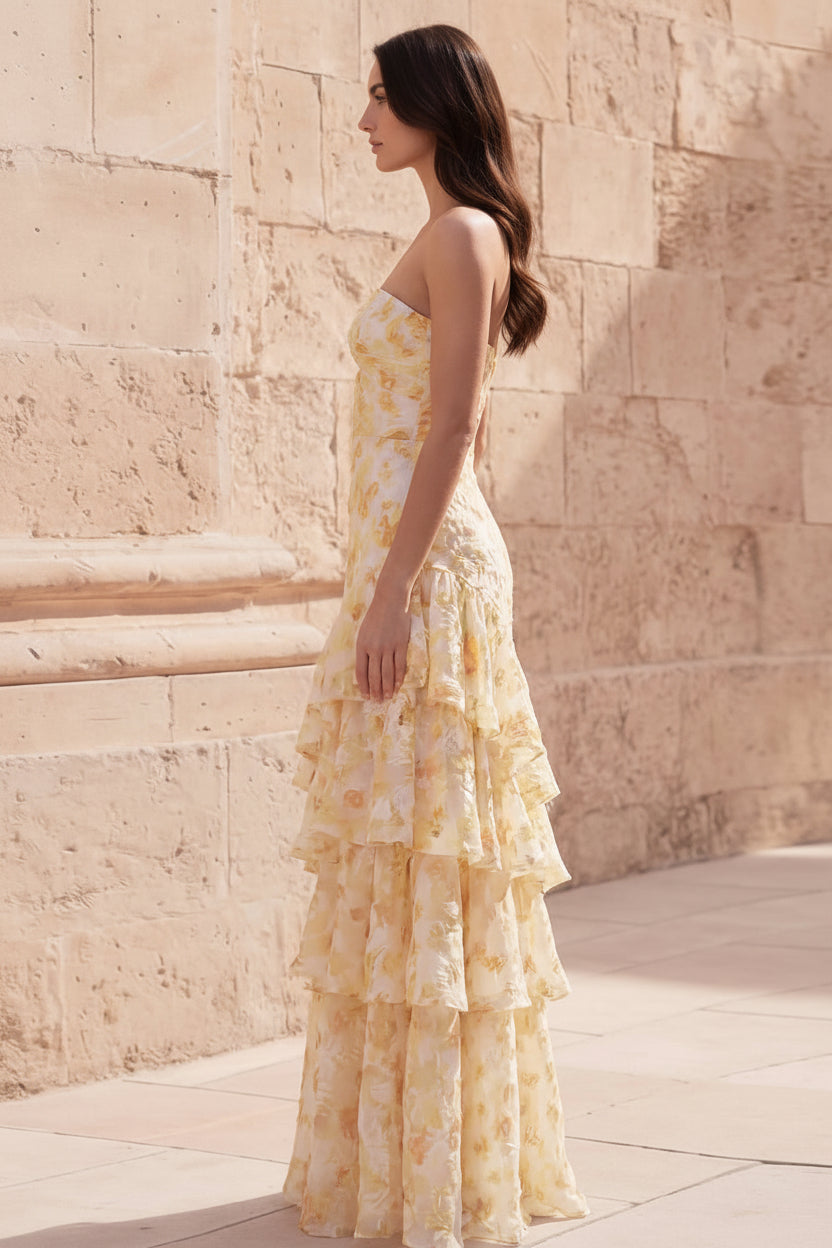 Yellow Flower Mermaid Sweetheart Hollow Ruffled Tiered Long Prom Dress