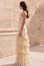 Yellow Flower Mermaid Sweetheart Hollow Ruffled Tiered Long Prom Dress