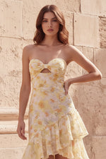 Yellow Flower Mermaid Sweetheart Hollow Ruffled Tiered Long Prom Dress