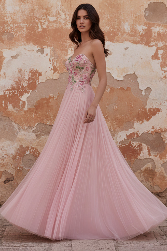 Sparkly Pink A-Line Sweetheart Appliqued Tulle Prom Dress with Beading