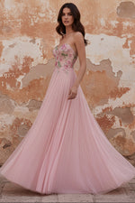 Sparkly Pink A-Line Sweetheart Appliqued Tulle Prom Dress with Beading