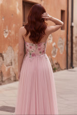 Sparkly Pink A-Line Sweetheart Appliqued Tulle Prom Dress with Beading
